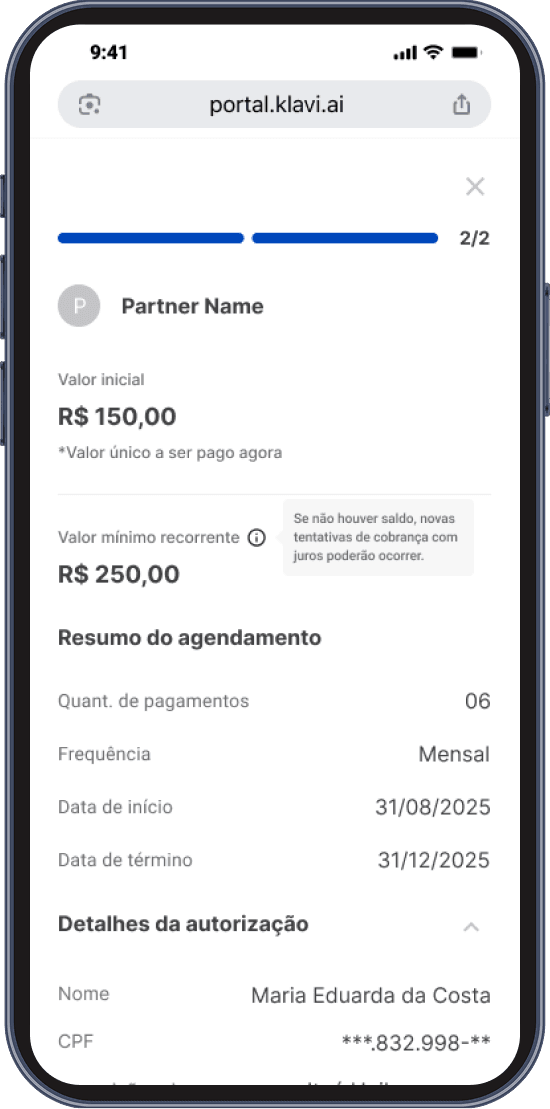Tela com detalhes da recorrência no Pix Automático